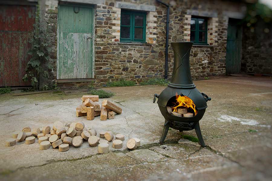 Chimnea burning hardwood briquettes